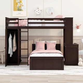 Twin Size Loft Bed with a Stand-Alone Bed, Wood Guardrail Bed with Desk and Storage Wardrobe