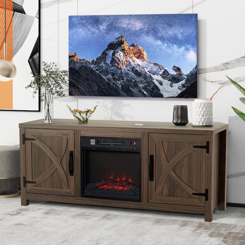 58-Inch Farmhouse Electric Fireplace TV Stand with Storage Cabinets and Adjustable Shelves - Dark brown