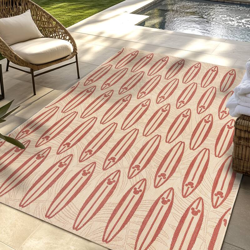 Disney Mickey Mouse Studio Modern Classic UV Protected Polypropylene Flatweave Indoor/ Outdoor Area Rug Collection - 8'9"x13'1" - Surfari Sand/ Red - Rectangle