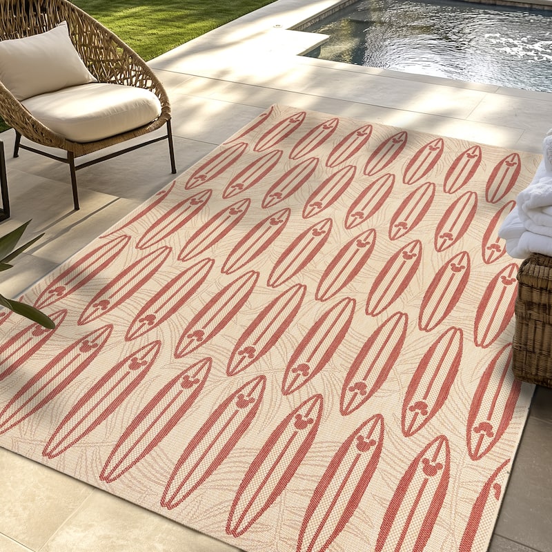 Disney Licensed Mickey Mouse Indoor Outdoor Flatweave Area Rug Tropical Surfing Polypropylene Coastal Accent Rug