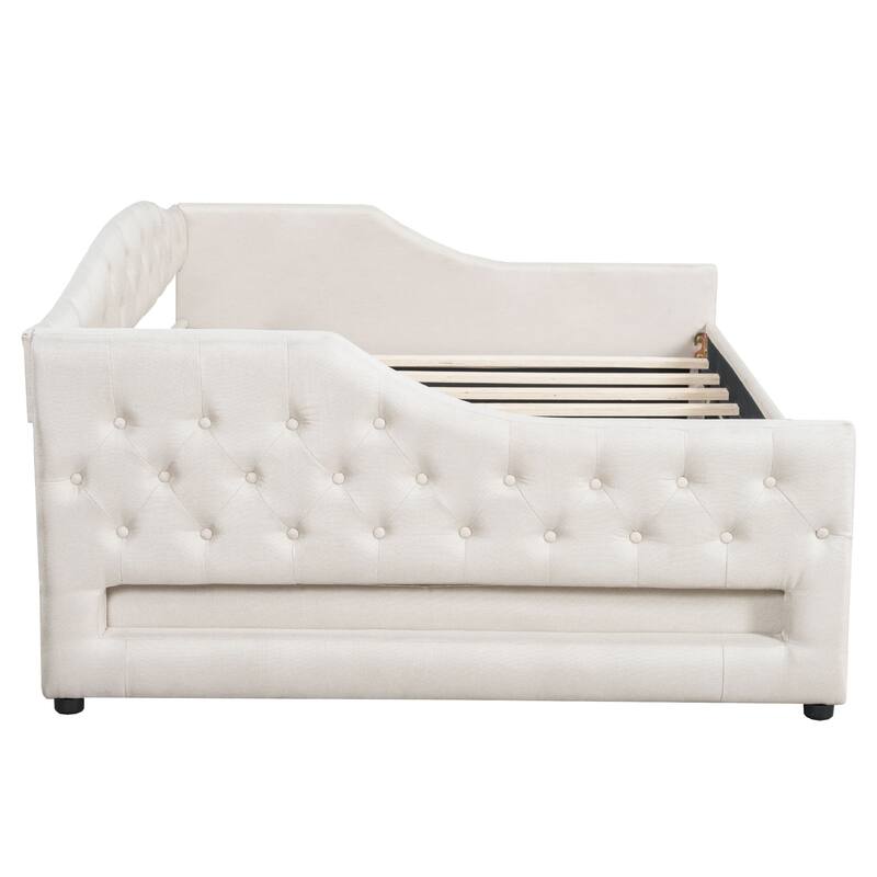 Full XL Upholstered Daybed with LED Lighting and Trundle in Beige