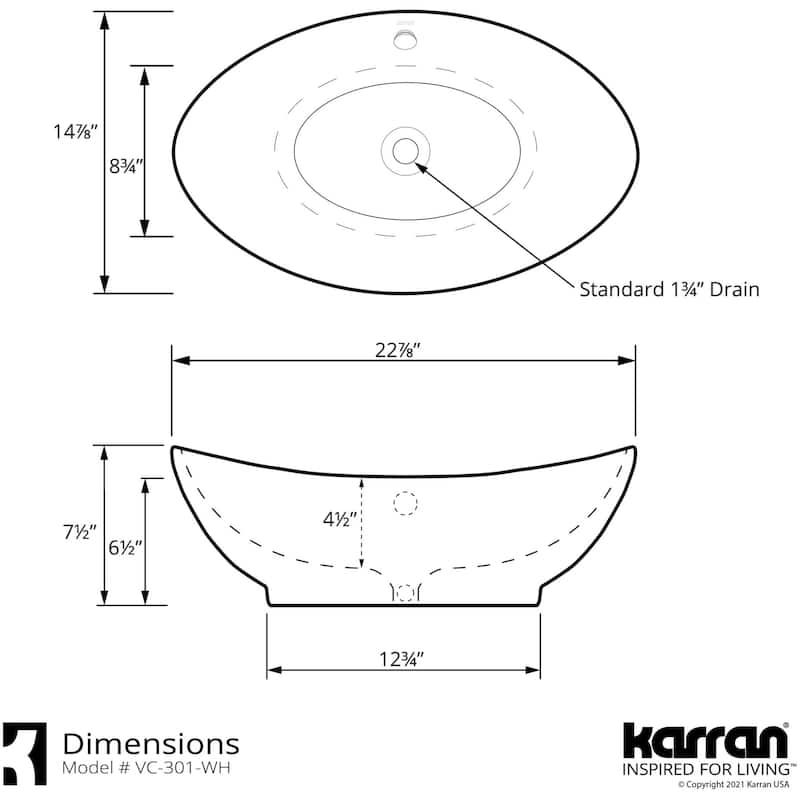 Karran USA VC-301 Valera 22-7/8" Oval Vitreous China Vessel Bathroom