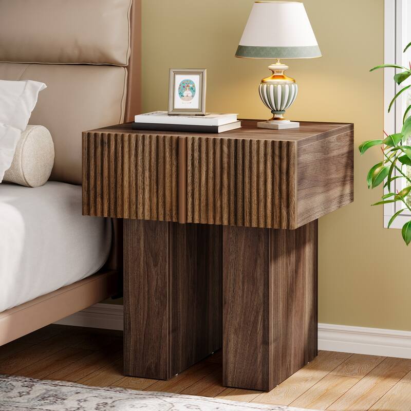 Modern Nightstand, Fluted Night Stand with Storage Drawer for Bedroom, Living Room
