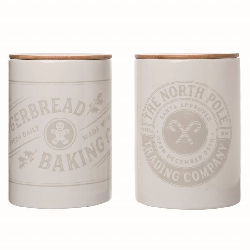 Transpac Ceramic Holiday Canister w/Bamboo top Set of 2 Christmas Home Decorations