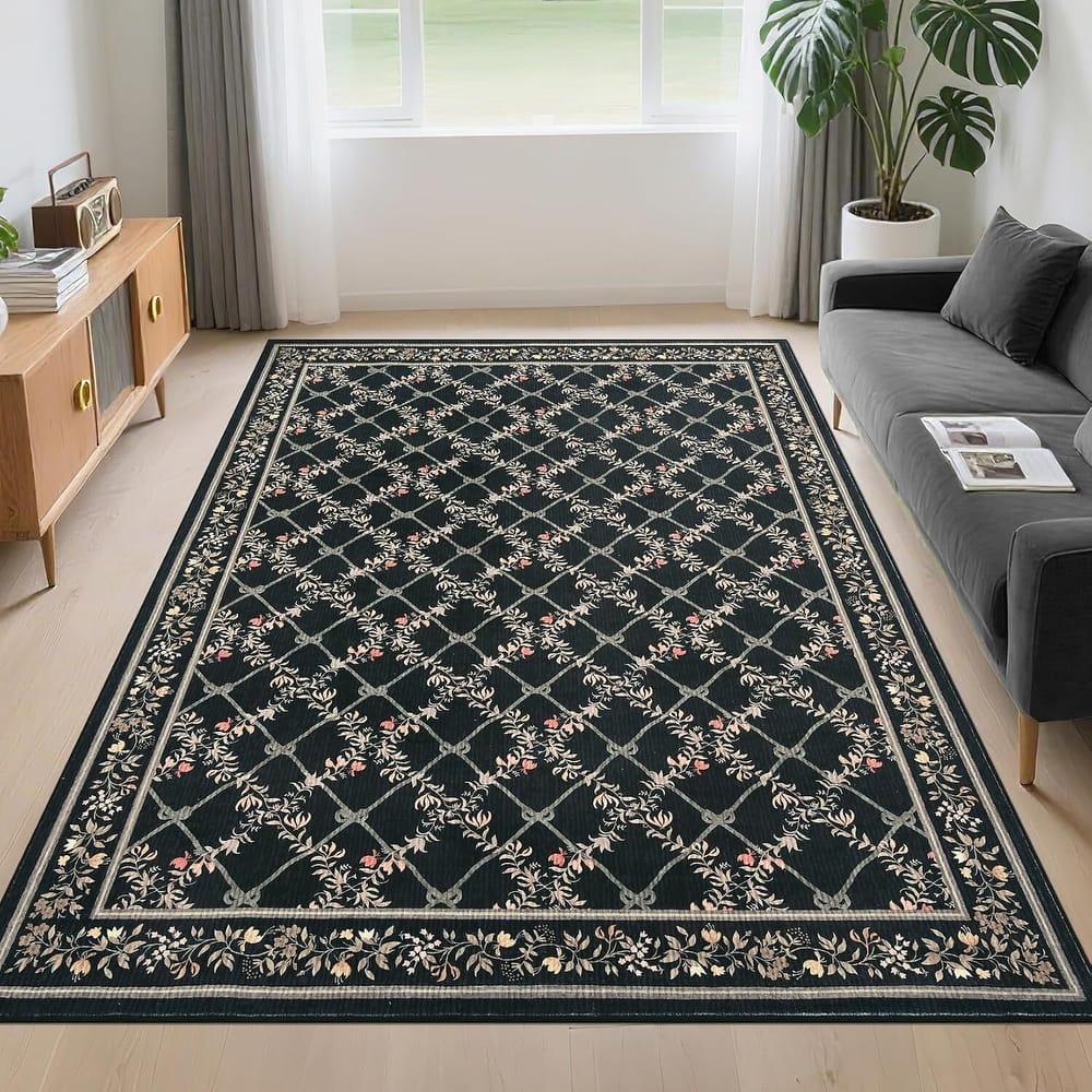 Floral Neutral Washable Hallway Low Pile Area Rug for Bedroom, Living Room, Black - 2' x 3'