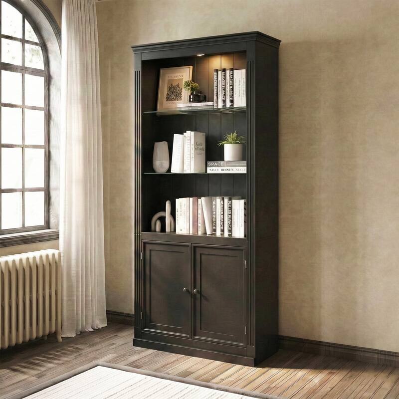 78.75"H 4-Tier Display Shelf,with Dimmable Ceiling Light,Freestanding Bookcases with Storage & Doors,Adjustable Glass Shelves - Black