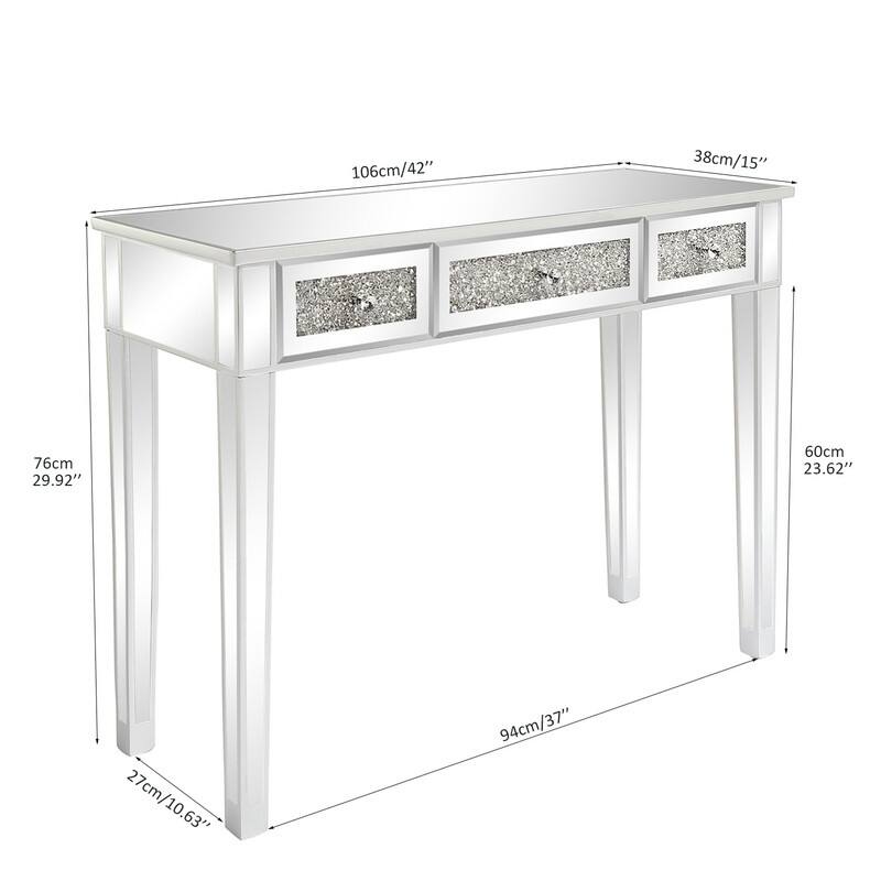 Silver MDF Mirror Broken Glass Surface Three Drawer Computer Desk
