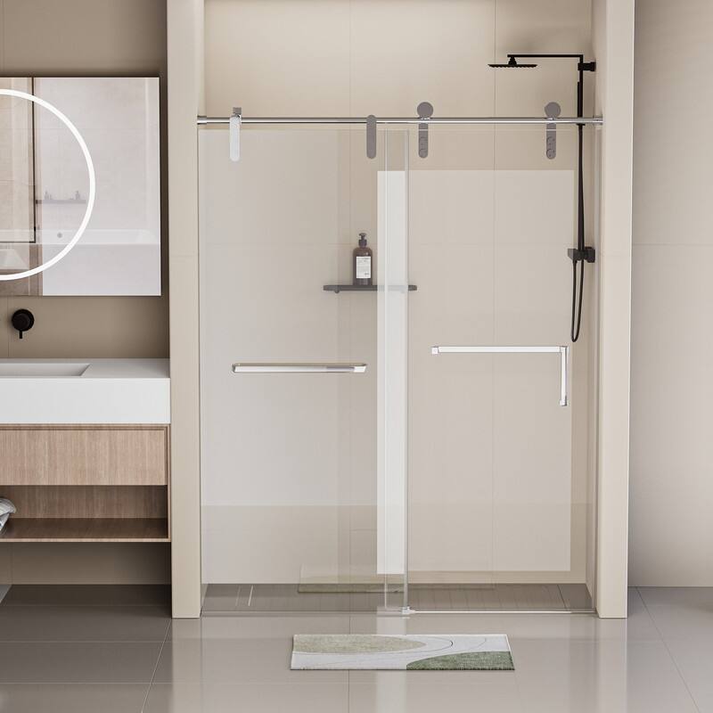ABRUZZO 44-48" W x 76" H Single Sliding Frameless Shower Door in Chrome with 5/16" (8mm) Tempered Glass Dual Towel Bars