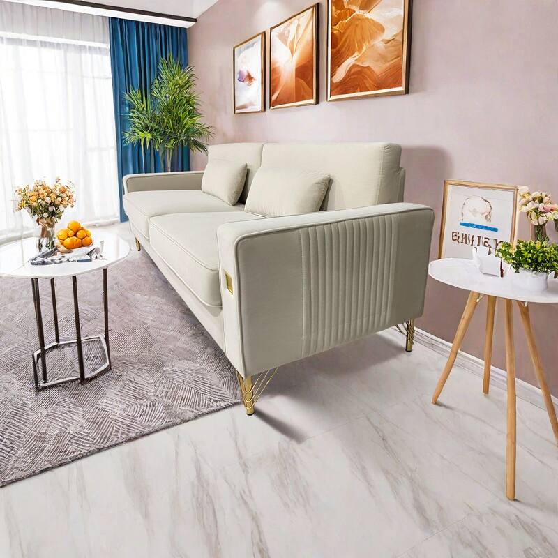 Modern 85.63" Velvet 3-seater Sofa with Gold Accents and Plush Cushions for Living Room