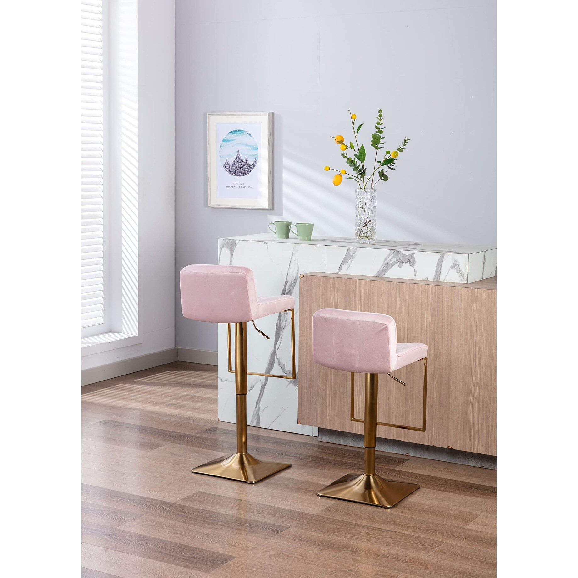 Pink Velvet Bar Stools Set of 3 Modern Swivel Counter Height Barstools bar Height Adjustable Kitchen Stools as picture