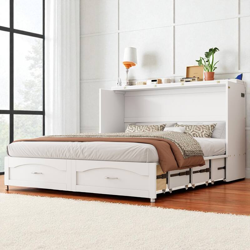 Queen Size Murphy Wall Bed with Drawers, USB & Power Sockets, Pulley Lift Design and Slat Support