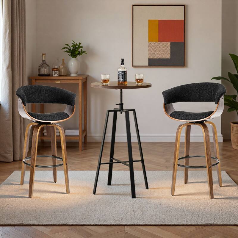 Glitzhome Modern 3-Piece Wooden Swivel Bar Stools & Height Adjustable Pub Table Set - Brown Table & Black Fabric Chairs