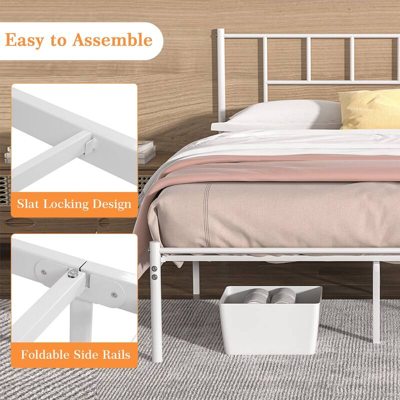 14 Inch Queen Size Metal Bed Frame with Headboard, Iron-Art Platform Bed No Box Spring Needed/Mattress Foundation for Storage