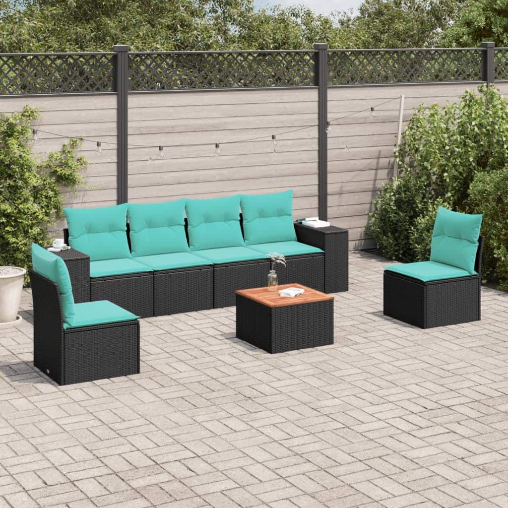 vidaXL 7 Piece Patio Sofa Set with Cushions Black Poly Rattan - 21.7 x 24.4 x 27.2