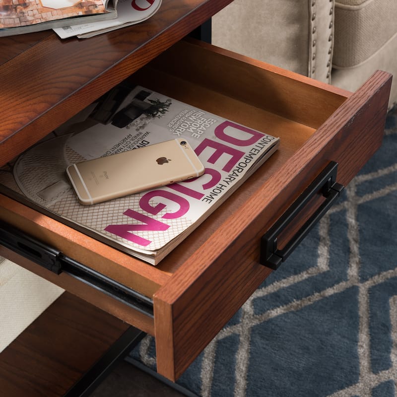Carbon Loft Peter Matte Black Slatted Metal Oak End Table