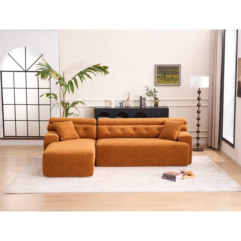 Combining Chaise Longue With 3-Seater, Wood Grain Chenille Fabric, Full Sponge Compression Sofa,Combined Sofa With 2 Pillows