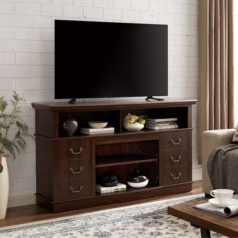 GDFStudio - Alveron 60" Wood and Metal TV Stand with Farmhouse Storage Design - Espresso.