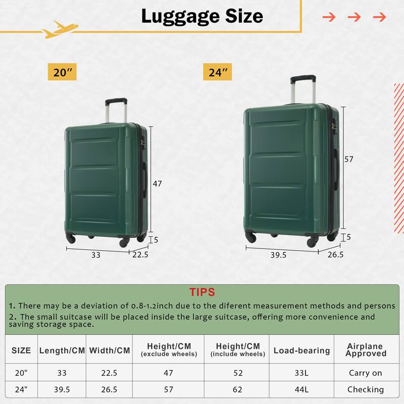 2-Piece 20/24 Inch, Modern Luggage Sets, Expandable Lightweight Luggage with TSA Lock, for Boarding Travel, Green