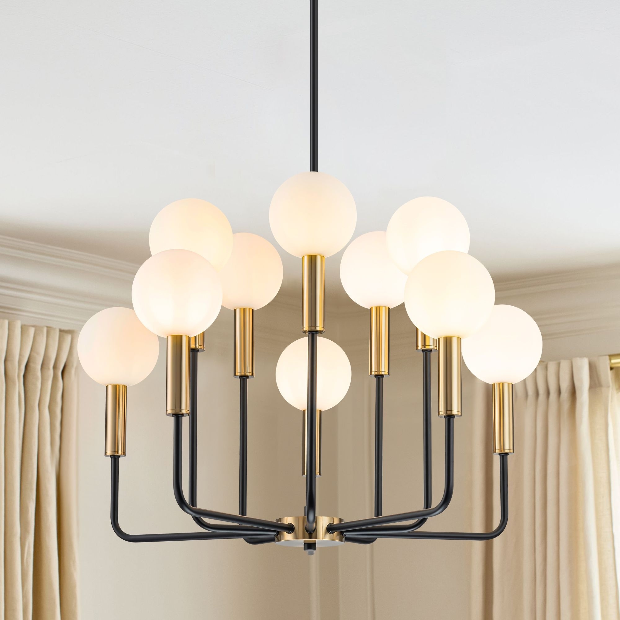 10-Light Modern Transitional Black and Gold Uplight Frosted Glass Globe Chandelier - 27.56 in. W x 19.69 in. H