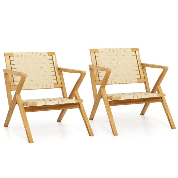 Natural Teak Wood Outdoor Accent Chair with PP Webbing Ergonomic - 33.5" x 25" x 29.5"