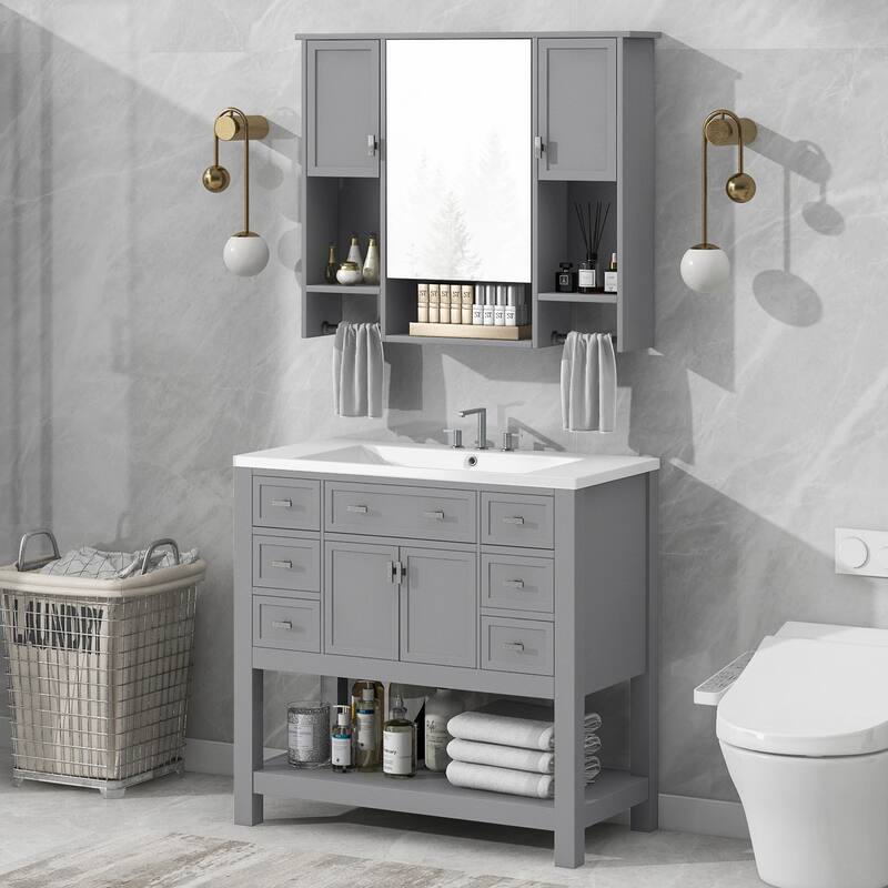 36'' Bathroom Vanity Set with Mirror Cabinet, Freestanding Bathroom Storage Cabinet with 2 Soft Close Doors and 6 Drawers