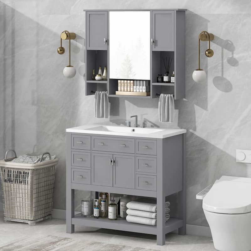 Bathroom Furniture Set of 2 - Vanity Cabinet with 6 Drawers and Open Shelf, Mirror Cabinet with 2 Towels Bars and 3 Open Shelves