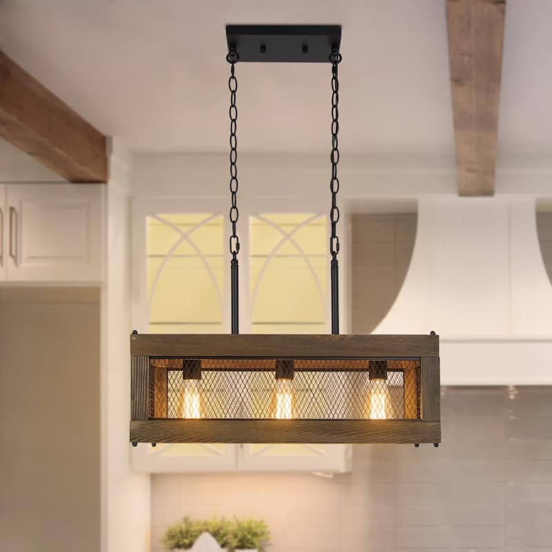 Farmhouse 5-Light Rectangle Wood Chandelier Rustic Island Lights for Dining Kitchen Island - L23.6" x W10.2" x H9.1" - 3-Light