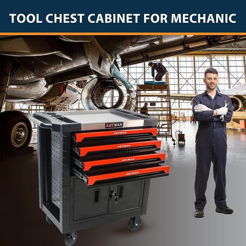 4 Drawers Rolling Tool Cart Chest with Lockable Garage Storage Cabinet