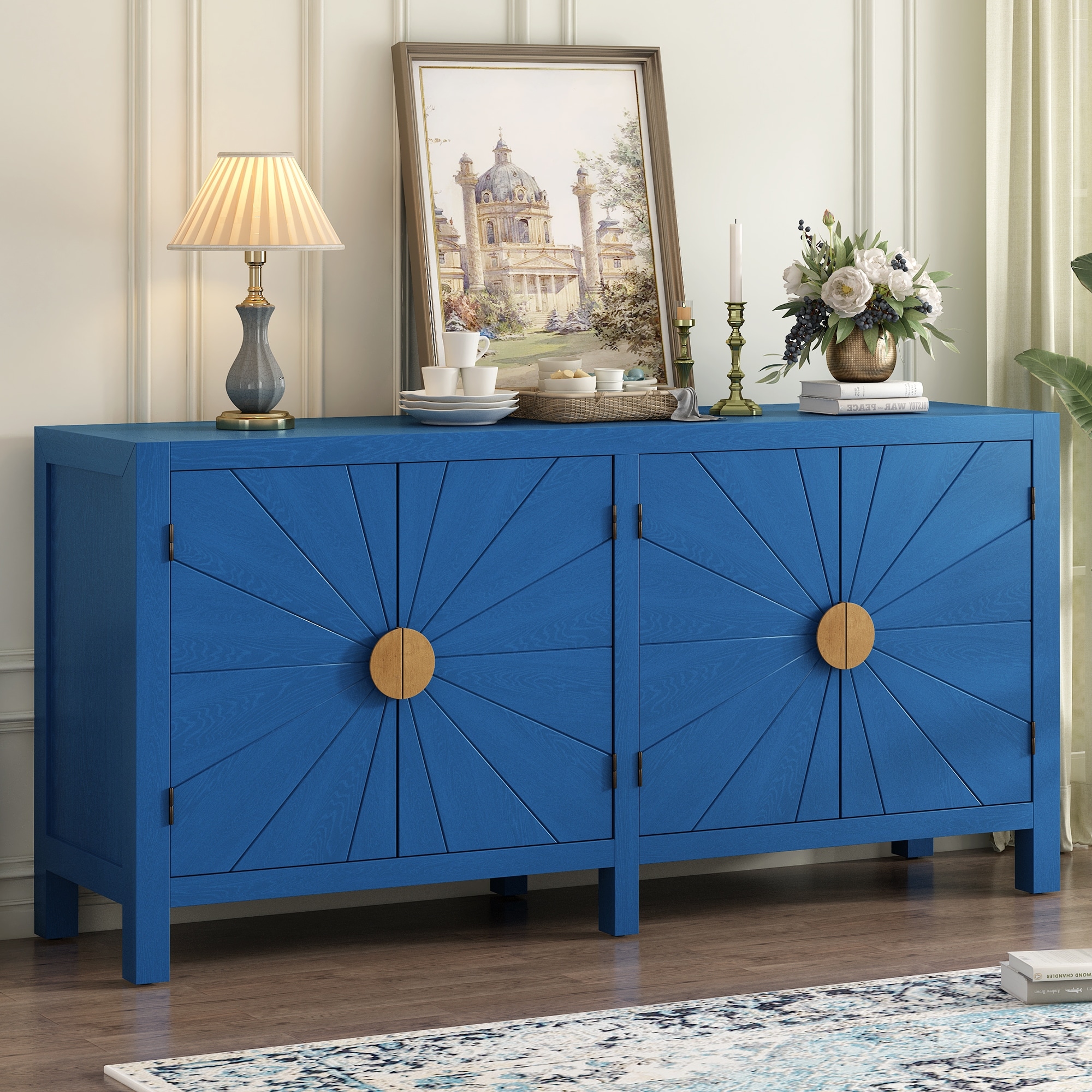 Ash Veneer Cabinet with Radiating Line Pattern Doors, 4-Door