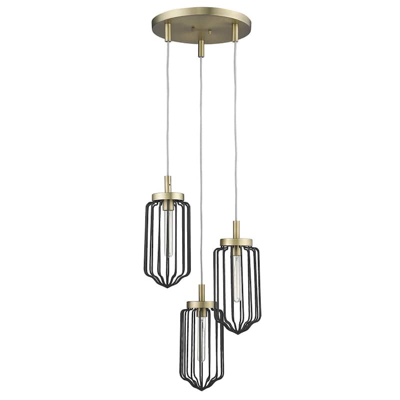 HomeRoots Gold Caged Three Light Metal Dimmable Chandelier With Black Shades - 16.75' X '15' X '16.75