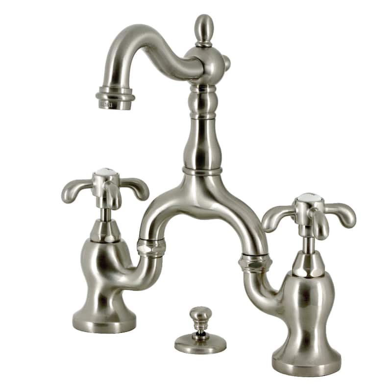 French Country Bridge Bathroom Faucet with Brass Pop-Up - Brushed Nickel
