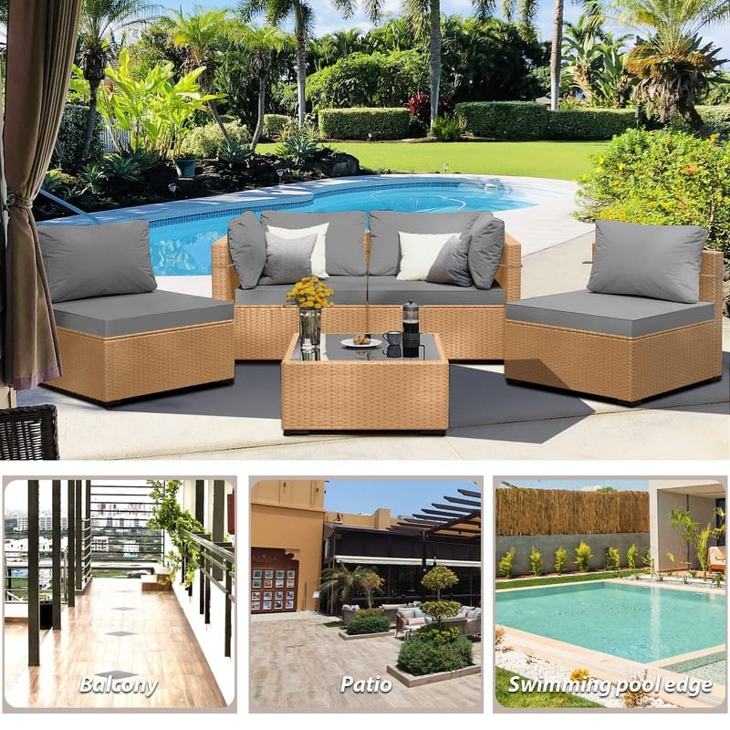 Patio Watcher 5-Pieces Yellow Rattan Conversation Set with Cusions for Outdoors