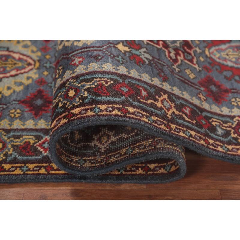 Geometric Kazak Runner Rug Handmade Blue Traditional Wool Carpet - 2'8"x 8'0"
