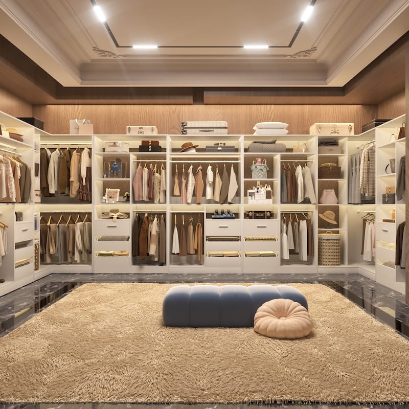 Qvella 72"-108" Closet System with Drawers and Hanging Rods,Freestanding Walk-in Closet Organizer System Wardrobe Closet Tower