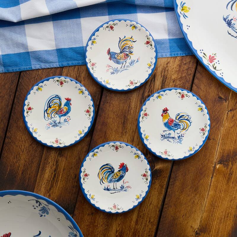 Certified International French Rooster 6" Canape/Luncheon Plates, Set of 4 Assorted Designs - 6.00"L x 6.00"W x 0.75"H