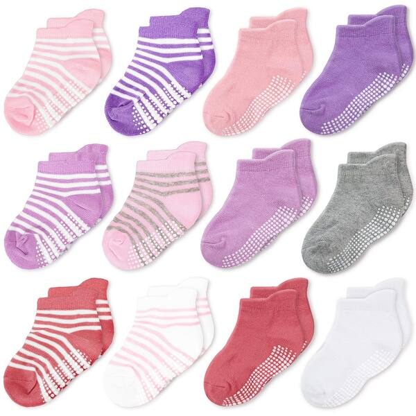 slide 2 of 6, CozyWay Ankle Grip Socks Girls Stripe/Multicolor - 12 pair, 6-12 Months