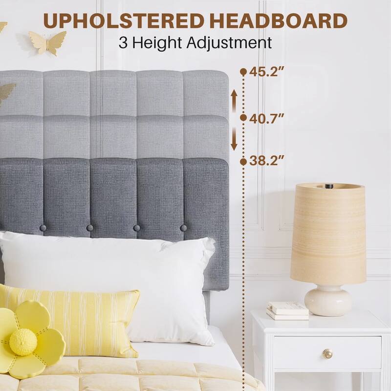 Twin Size Upholstered Platform Bed Frame with Adjustable Headboard, No Box Spring Needed with Sturdy Wooden Slats Support