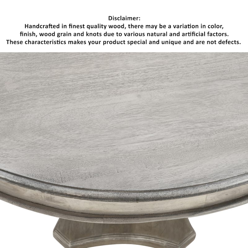 42 Inch Handcrafted Mango Wood Dining Table, Pedestal Base, Round Molded Top, Washed White, Gray