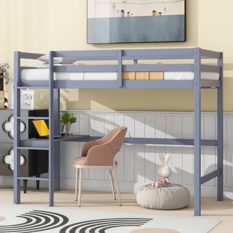 Grey Twin High Loft Bed with Built-in Desk and Safety Guardrail, Rubber Wood Construction - Grey