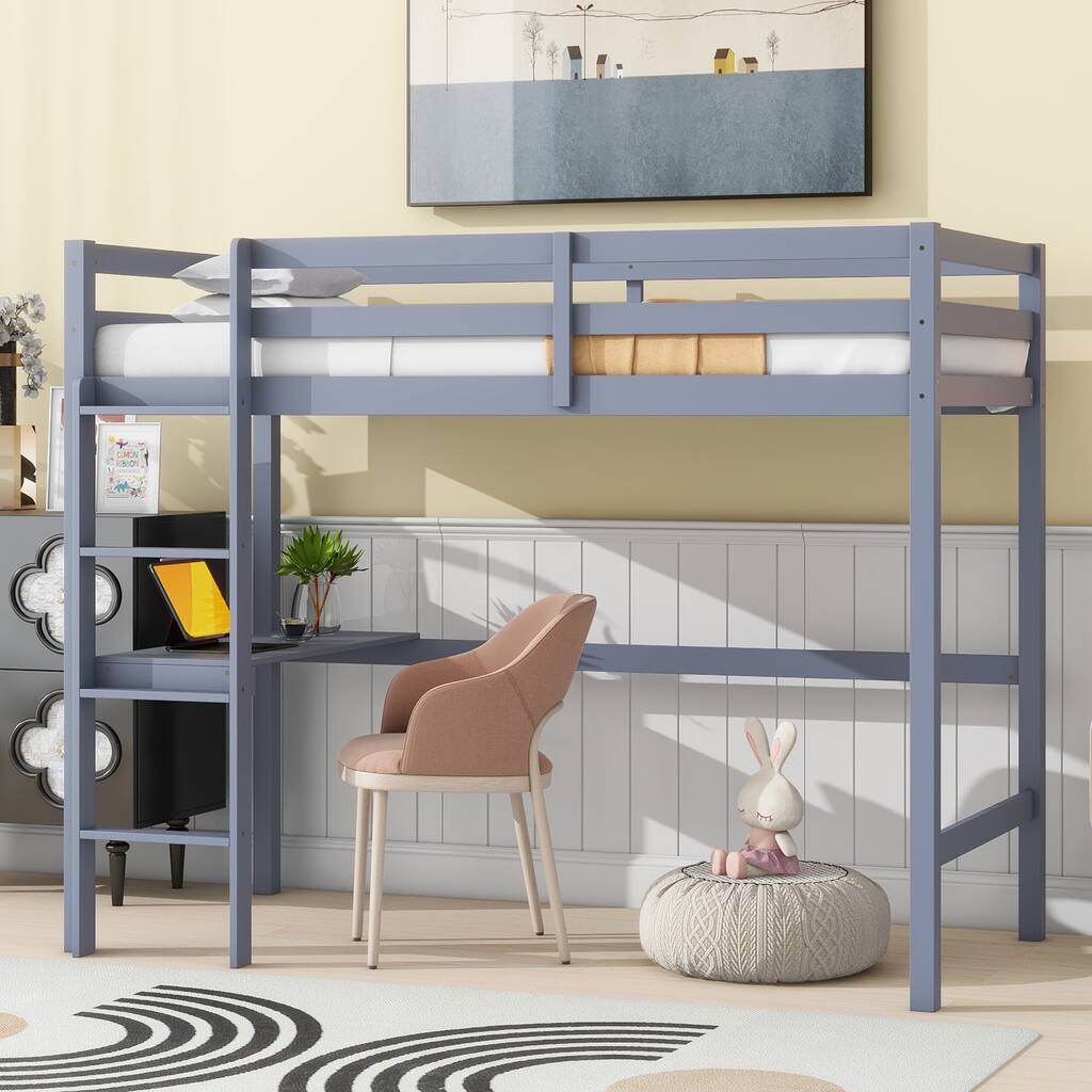 Twin High Loft Bed, Rubber Wood Loft Bed with Safety Guardrail, built-in desk, ladder, Grey