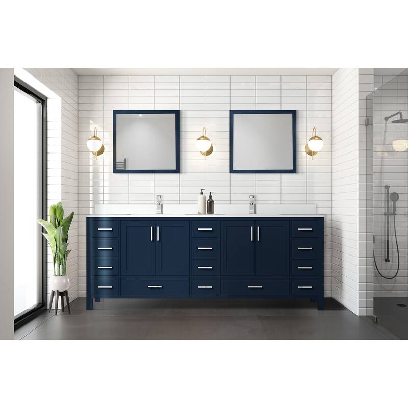 Jacques 84 in. W x 22 in. D Navy Blue Double Bath Vanity, White Quartz Top, Faucet Set, and 34 in. Mirrors