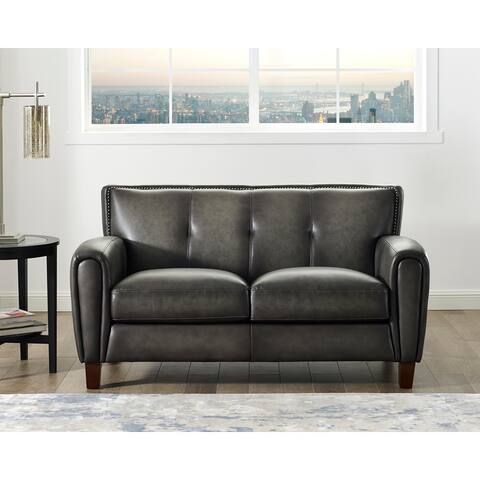Hydeline Weldon Top Grain Leather Loveseat With Feather, Memory Foam and Springs