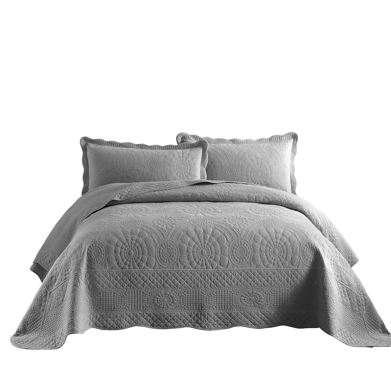 MarCielo 3Pcs 100% Cotton Oversized Quilt Bedspread Coverlet Set TF - Light Grey - Oversized Queen