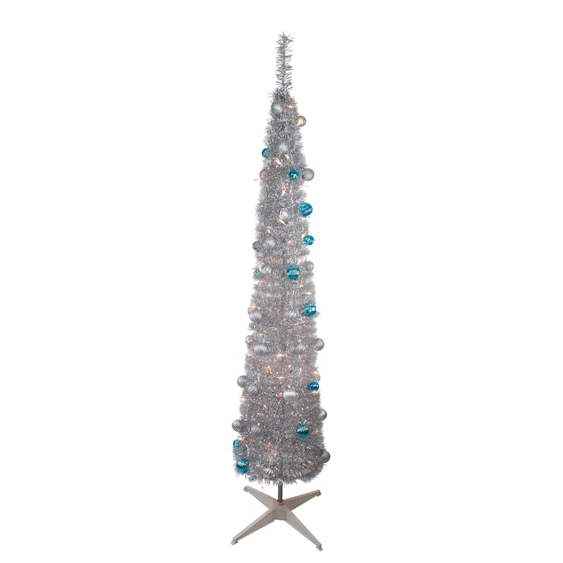 6' Pre-Lit Pre-Decorated Pop-Up Artificial Christmas Tree - Clear Lights - Silver and Blue