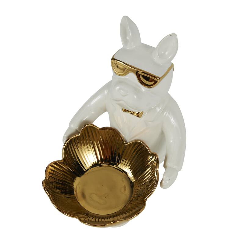Ceramic Bulldog Decorative Sculpture with Gold Accents - Black or White - Roche River Decor