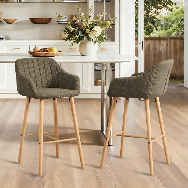 Modern Bar Stools Set of 2, Kitchen Island Tall Chairs with Back, Arm, Footrest and Solid Wood Leg, Upholstered Bar Stools