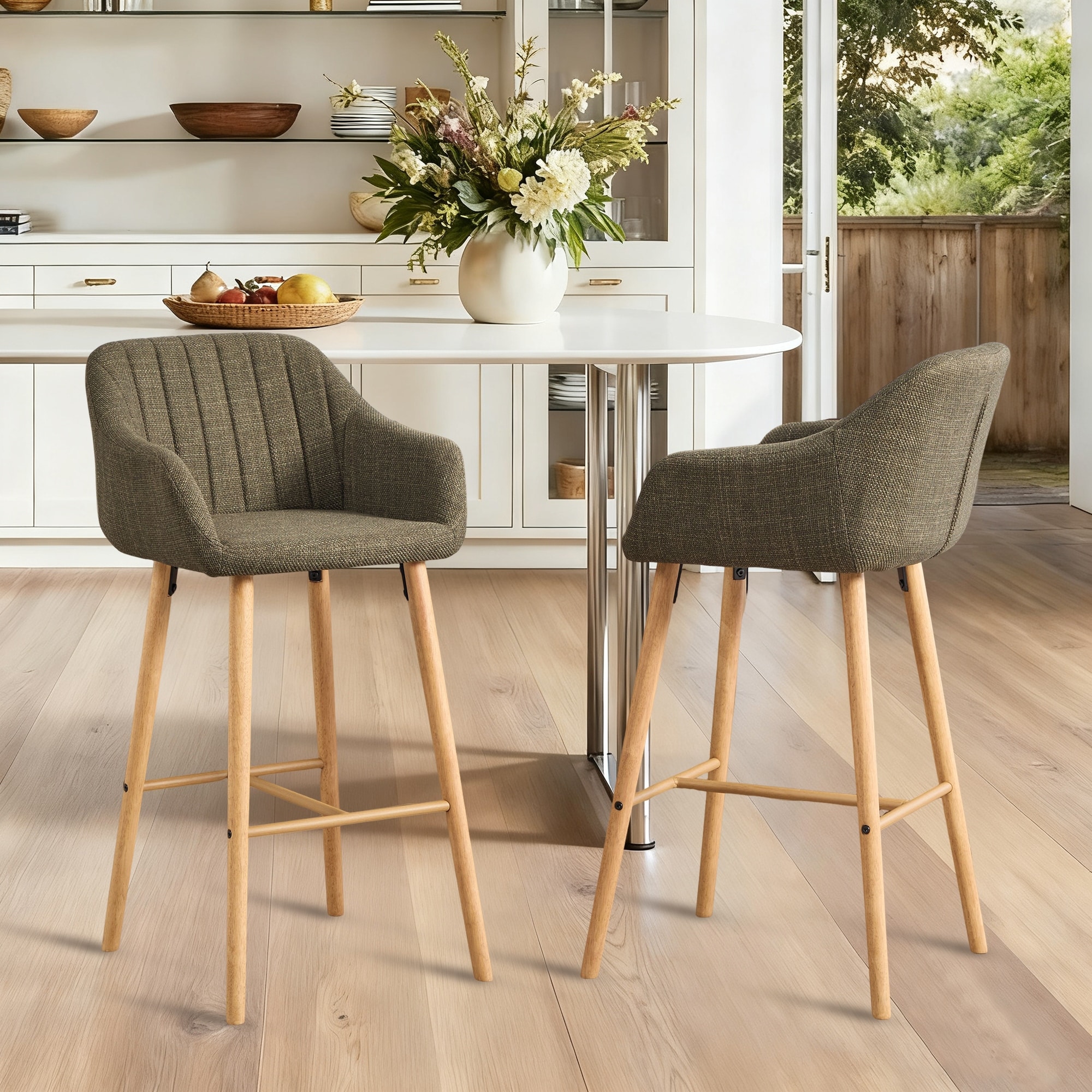 Modern Bar Stools Set of 2: Kitchen Island Tall Chairs with Back, Arm, Footrest, Solid Wood Legs, Linen Fabric‌.