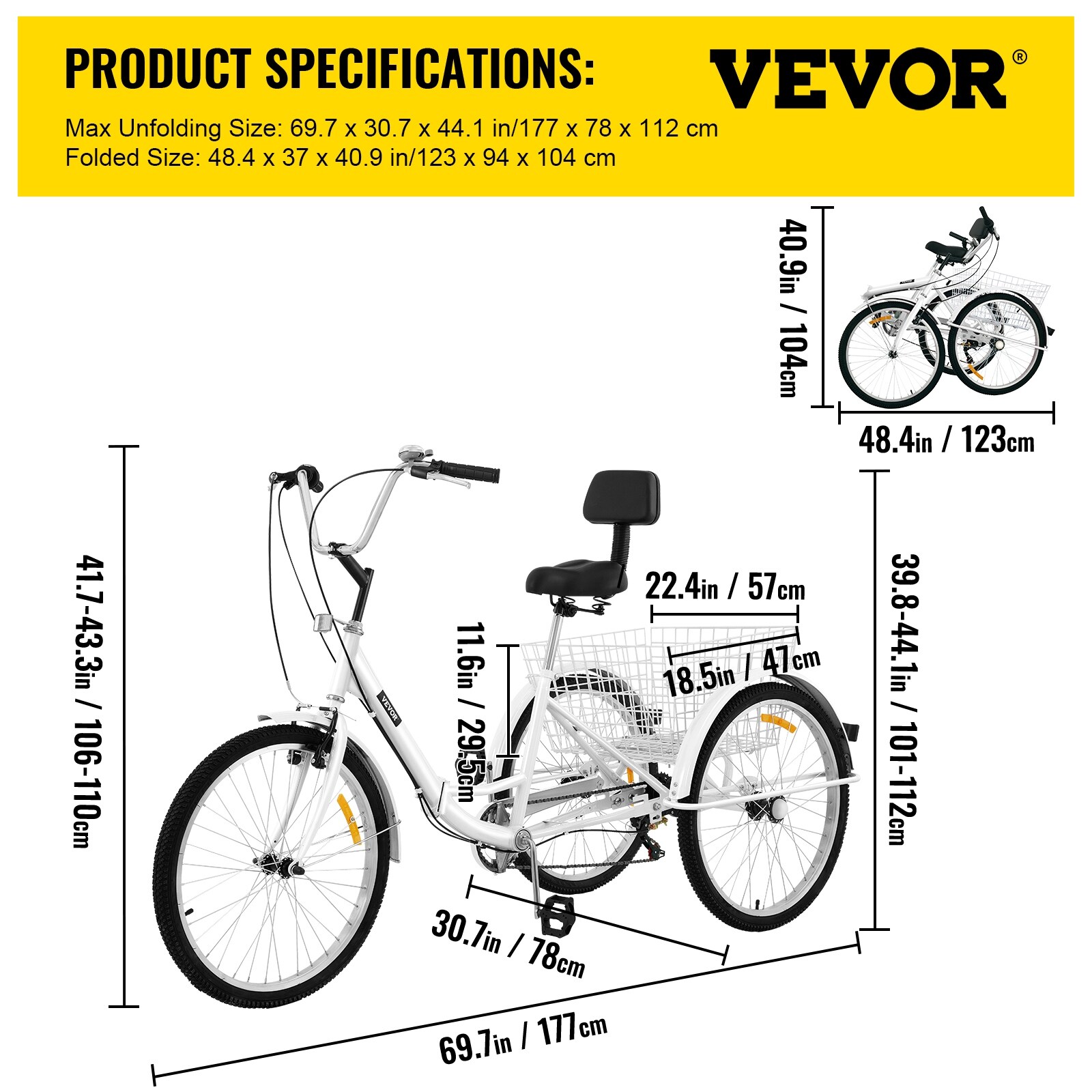 VEVOR 24 Foldable Adult Tricycle Folding Adult Trike 7 Speed