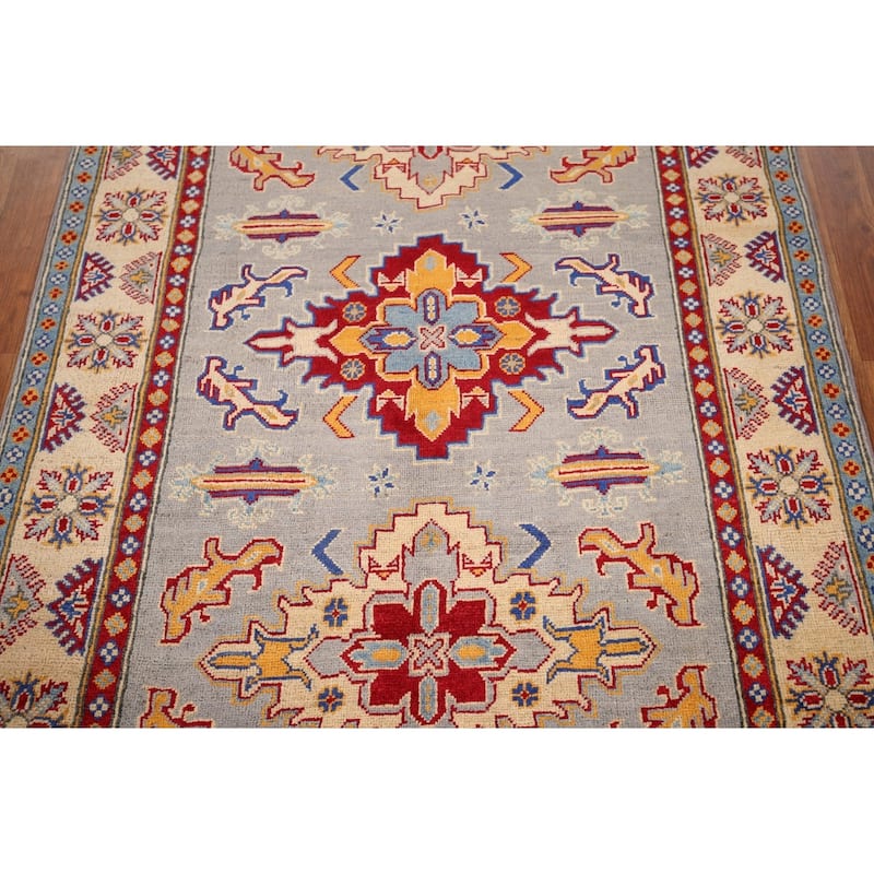 Geometric Kazak Area Rug Hand-Knotted Bedroom Wool Carpet - 4'1" x 6'0"