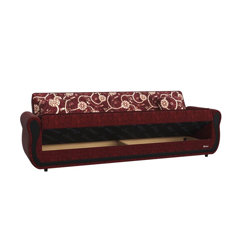 HomeRoots 90" Burgundy Chenille Convertible Futon Sleeper Sofa And Toss Pillows With Storage